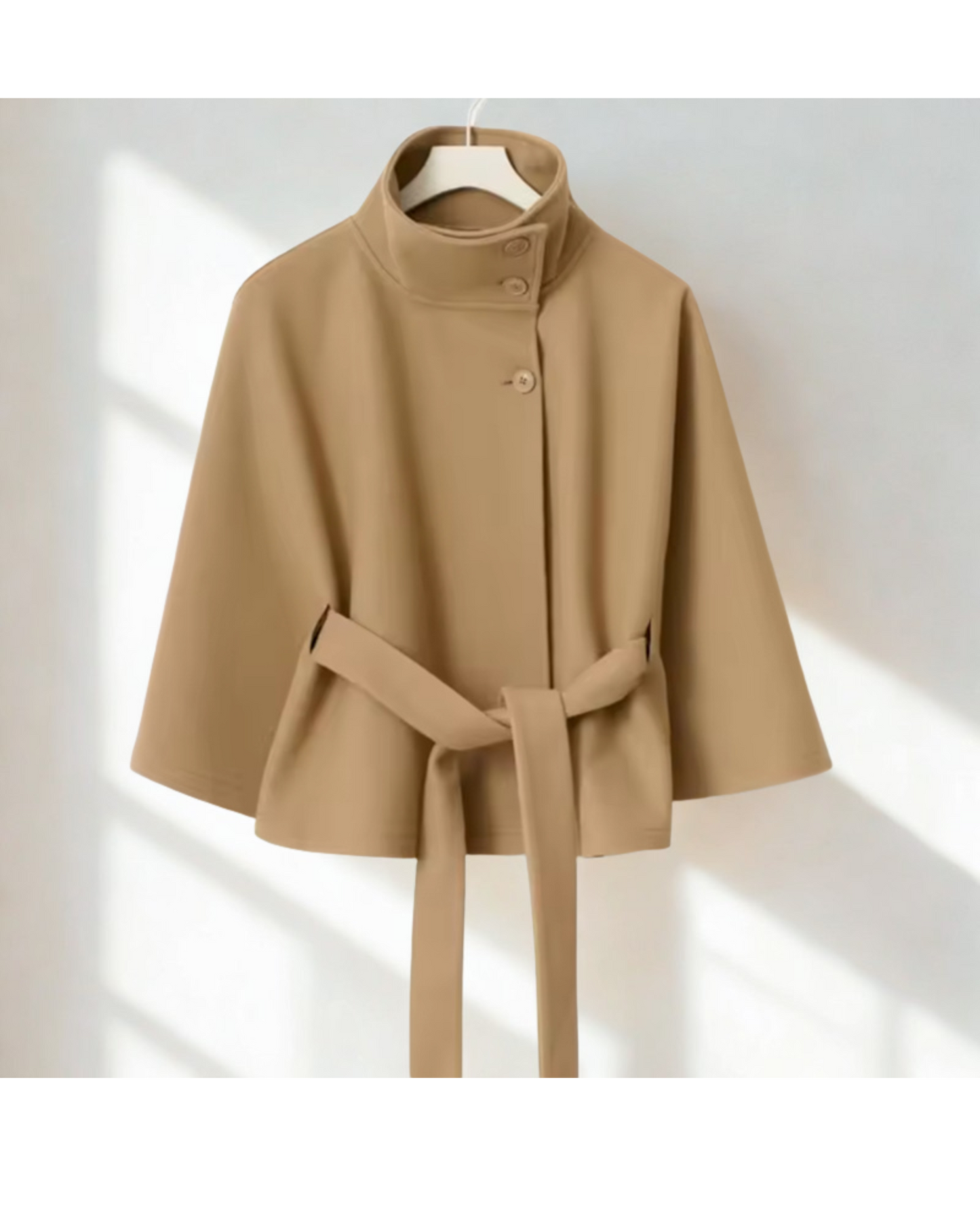 High-Neck Batwing Coat with Belt
