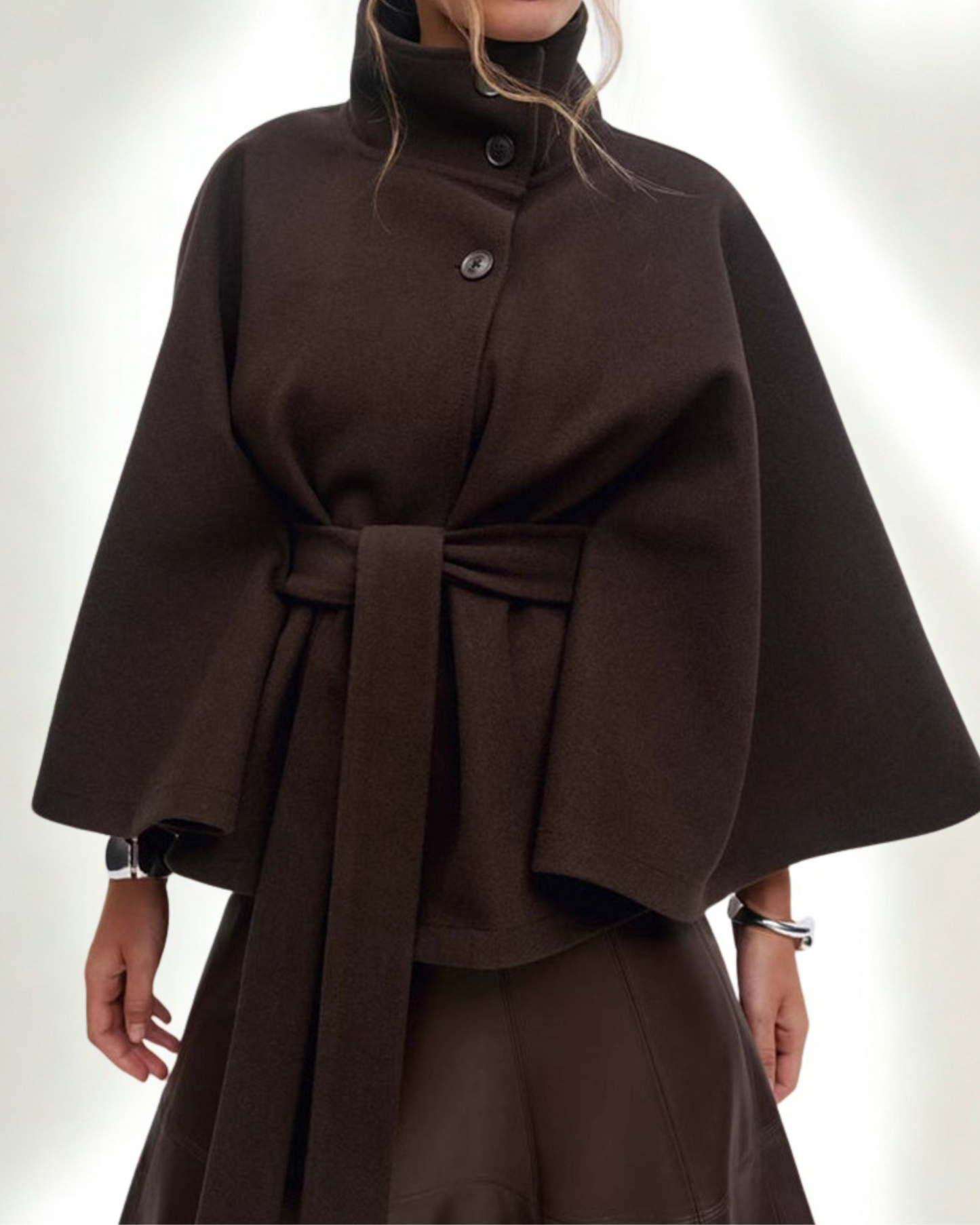 High-Neck Batwing Coat with Belt