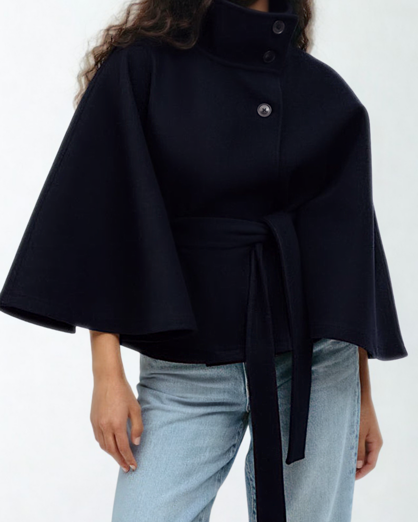 High-Neck Batwing Coat with Belt