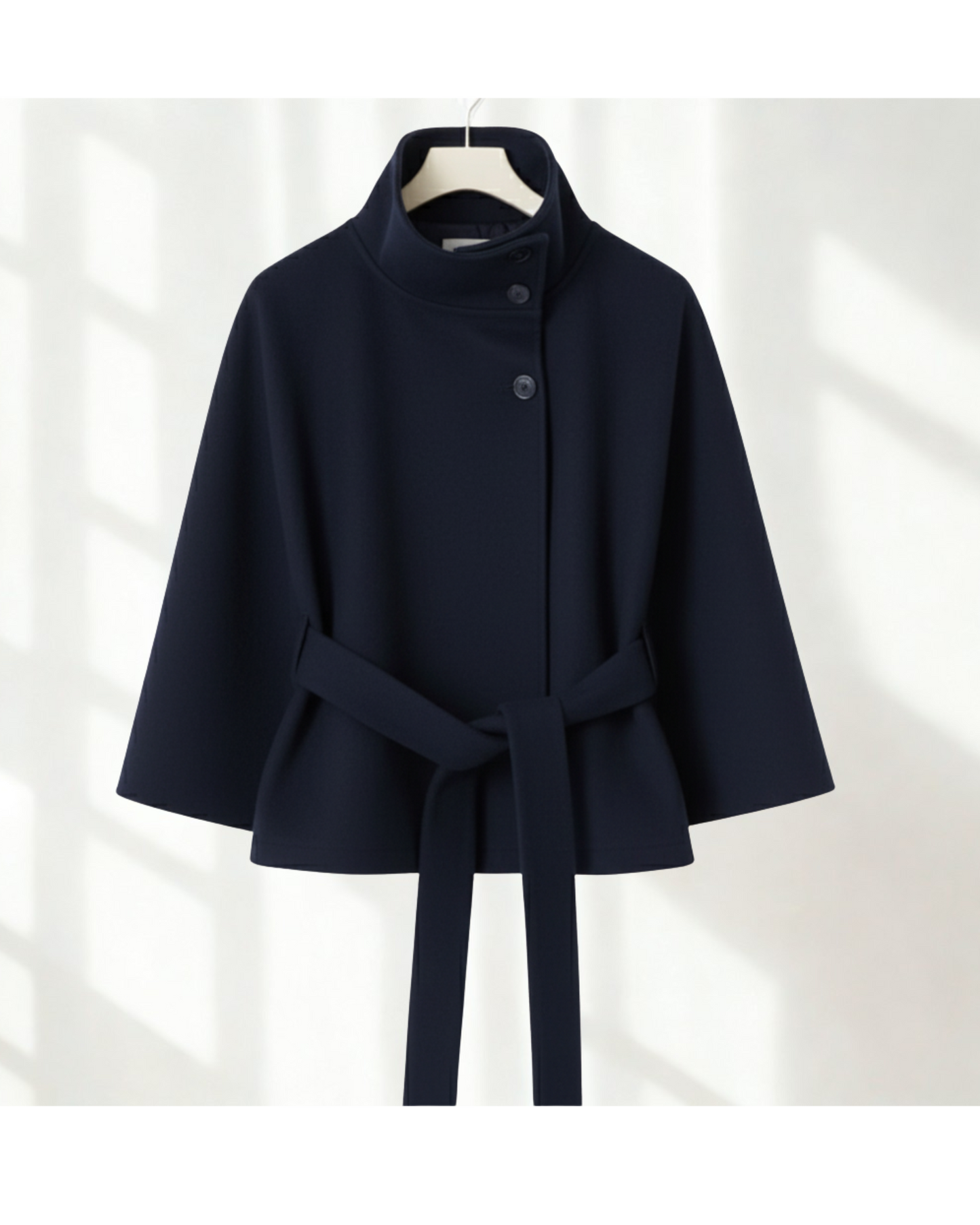High-Neck Batwing Coat with Belt