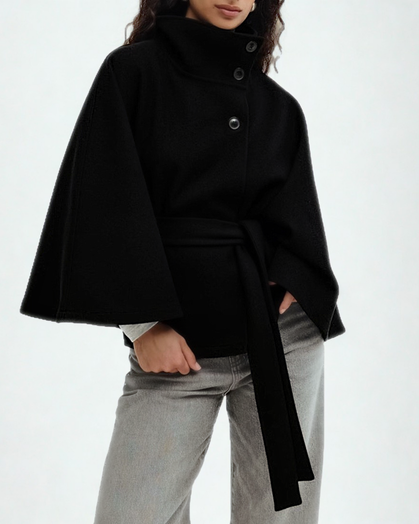 High-Neck Batwing Coat with Belt