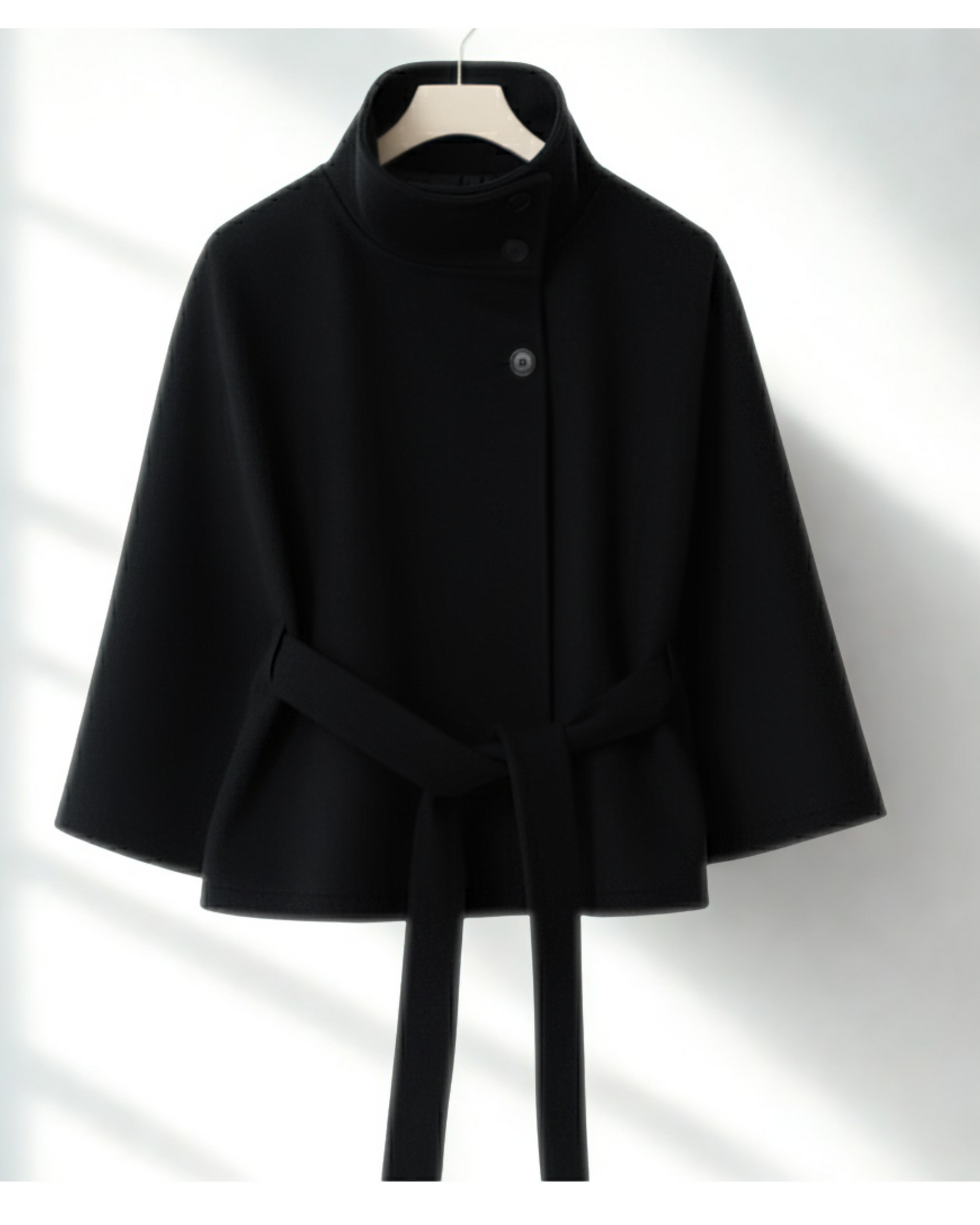High-Neck Batwing Coat with Belt