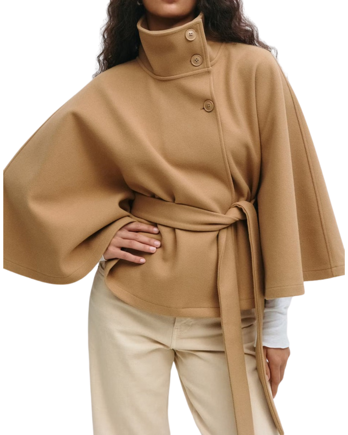 High-Neck Batwing Coat with Belt
