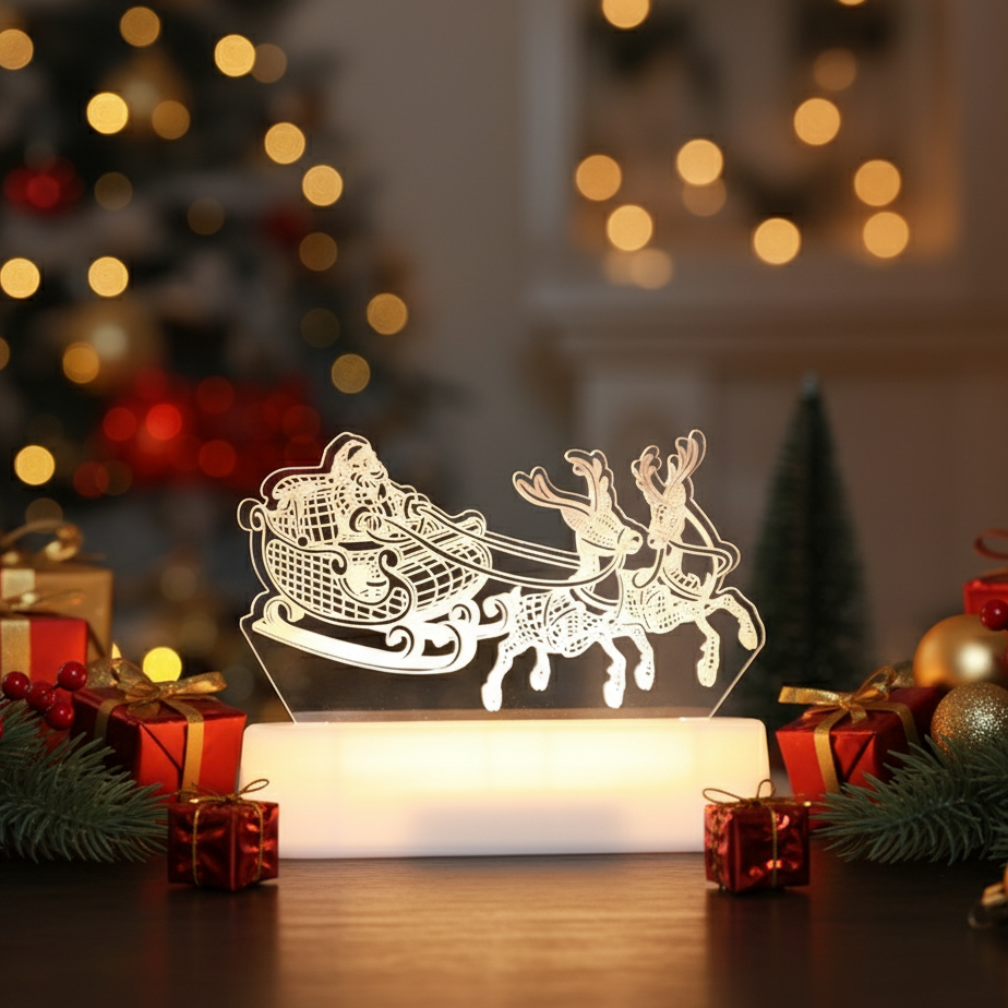 Decorative LED sign of Santa in sleigh with Christmas lights and presents in the background