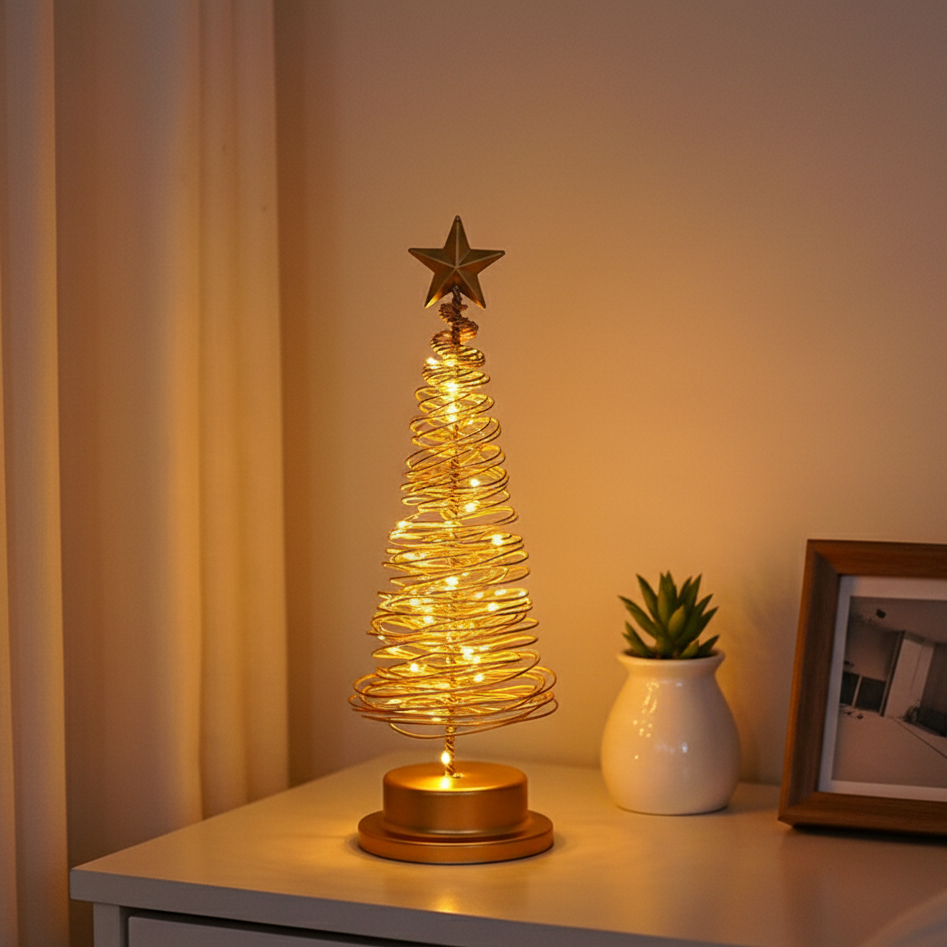 Decorative LED Christmas tree on a table with a star on top, surrounded by a plant and a photo frame.