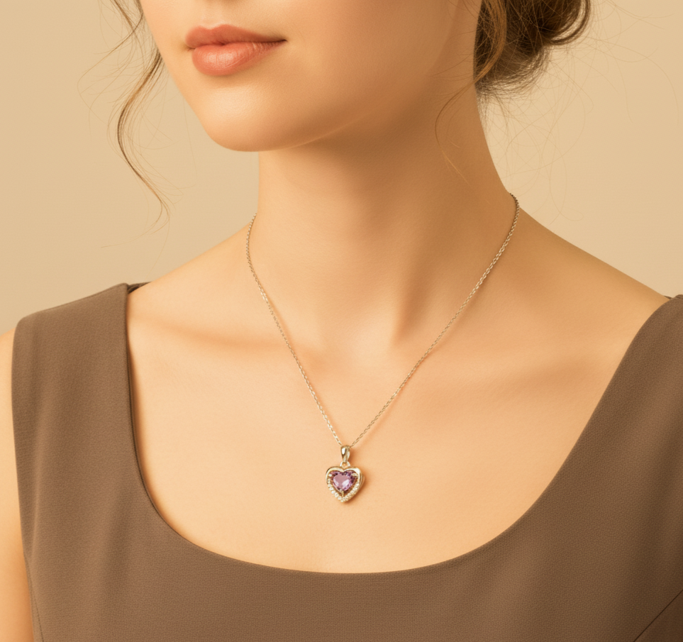 Necklace with a heart-shaped pendant worn by a person in a brown top against a beige background