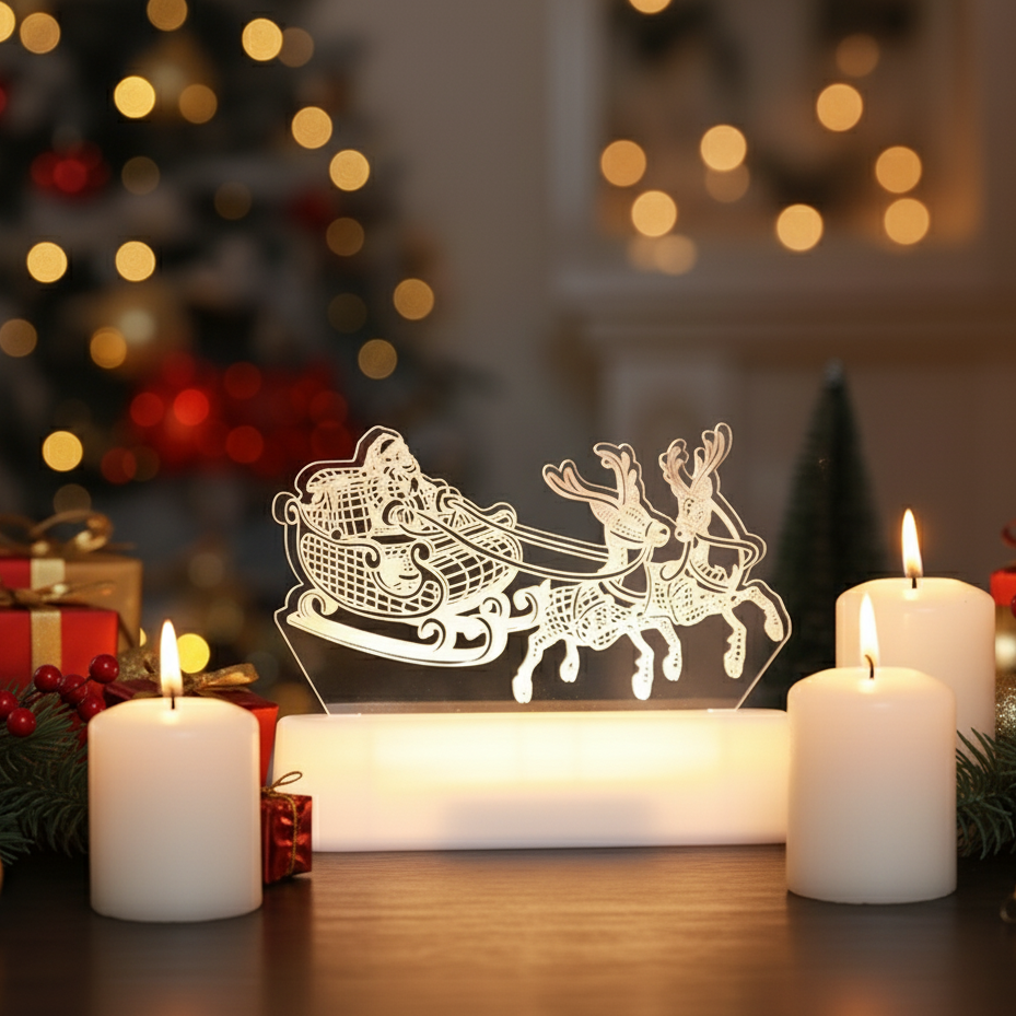 Decorative light with Santa and reindeer sleigh on a table with candles and Christmas decorations.